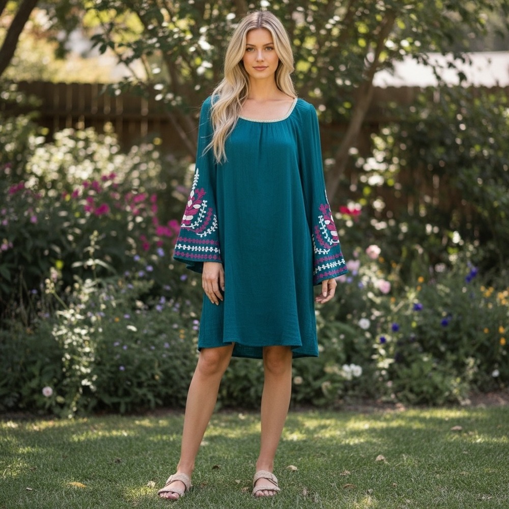 Umgee Teal Blue Embroidered Bell Sleeve Boho Shift Dress Peasant Hippie Gypsy M